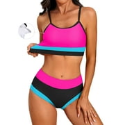 Attraco Women High Waisted Bikini Sets Sporty Color Block Two Piece Swimsuit Scoop Neck Bathing Suits Shoulder Straps Swimwear